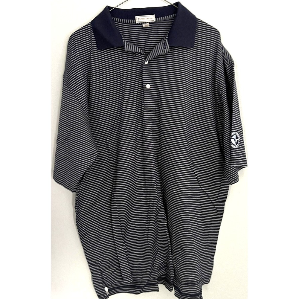 Peter Millar Polo Shirt Men L Navy White Stripe Golf Victoria National Logo EUC